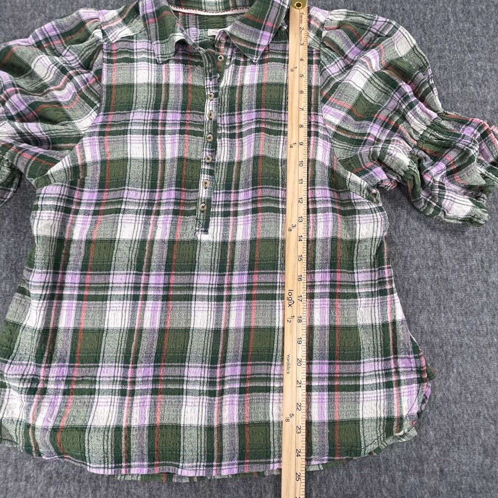 Anthropologie Pilcro Tallulah Puff-Sleeve Plaid Buttondown Top S Green Blouse - Picture 8 of 13
